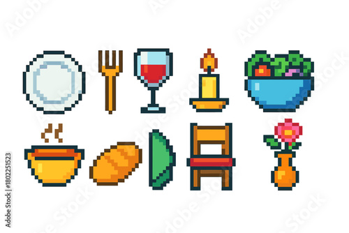 Dining and kitchen pixel icon set for food and dining essentials in pixel art