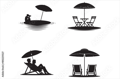 Minimalist black silhouettes of beach scenes with umbrellas and lounge chairs