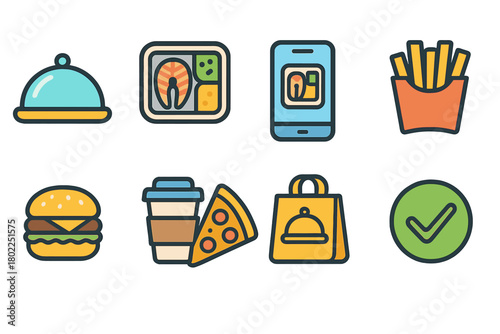 Food icon set in outline style. Fast food, delivery, restaurant graphics collection.