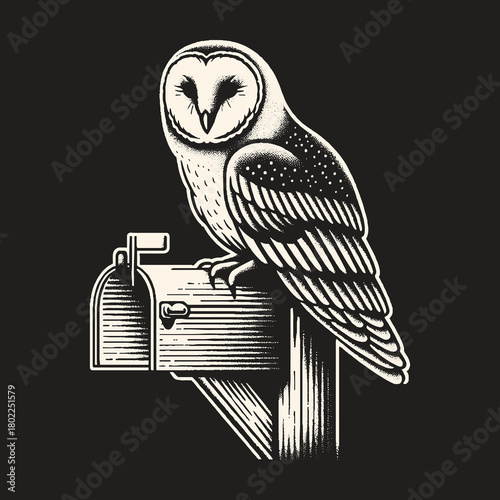 Owl Perched on Mailbox: A Detailed Black and White Illustration.