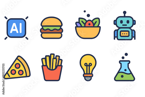 Food and technology outline icon set. Fast food, robot, and science linear icons collection.