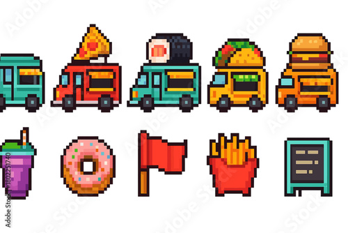 Food truck pixel icon set. Fast food, snack, beverage icons in pixel art style