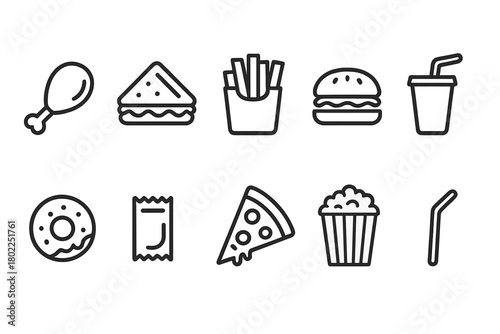 Fast food line icon set. Burger, pizza, snack, beverage outline icons collection