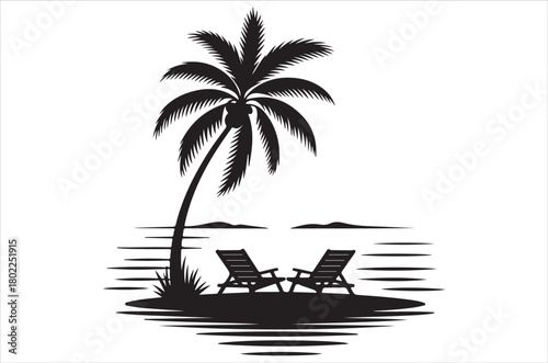 A serene tropical scene featuring palm trees and beach chairs