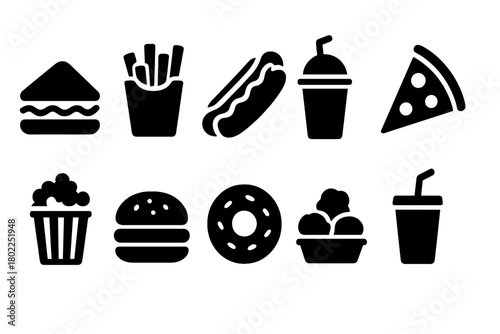 Fast food silhouette icon set. Burgers, pizza, snacks silhouette collection