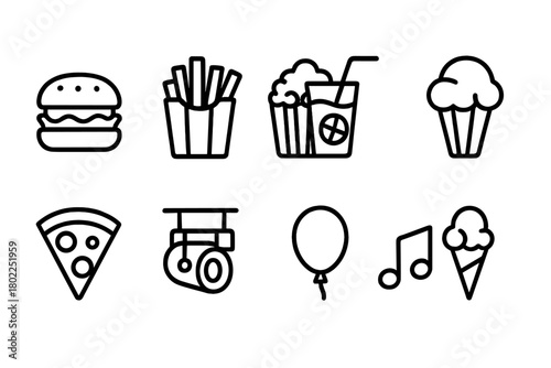 Fast food, snack time outline icon set. Burgers, popcorn, ice cream, pizza outlines