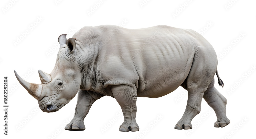 Obraz premium A powerful white rhinoceros stands against an isolated white background, a concept for wildlife conservation and raising awareness for endangered species