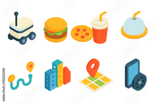 Food and delivery isometric icon set. Fast food, map, drink, service 3d collection.
