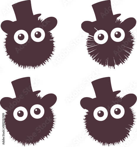 Four whimsical cartoon fuzzy monsters wearing elegant top hats Vector