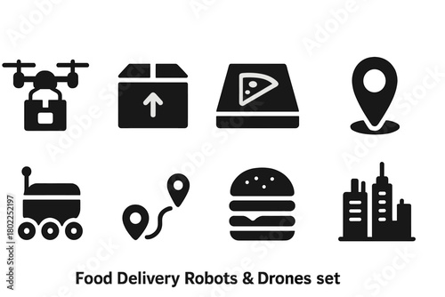 Food delivery solid icon set: robots, drones, and fast food icons collection