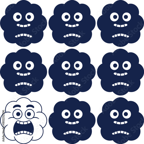 One surprised cartoon cloud character surrounded by sad ones Vector