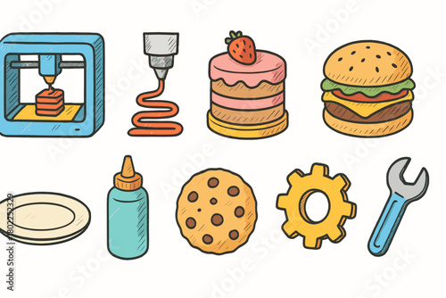 3D printing icon set collection. Colorful, sketchy icons featuring 3d printer elements.