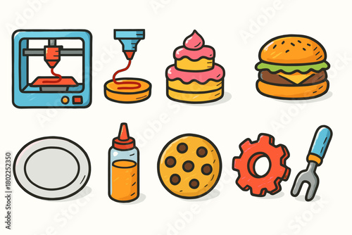 Food and technology 3d icon set. Delicious foods and tech innovation icons collection