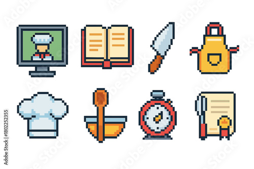 Culinary pixel icon set. Cooking, kitchen tools flat icons for chefs and recipes