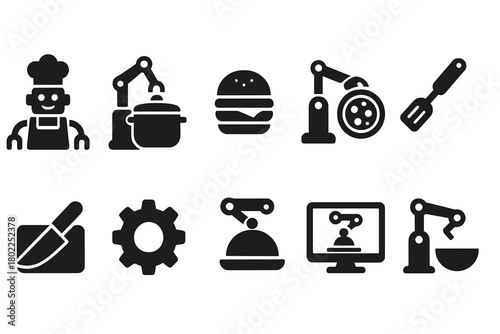 Robotics and cooking solid icon set. Kitchen automation, food preparation icons