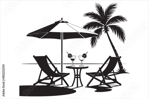 Tropical beach scene with palm tree umbrella and lounge chairs