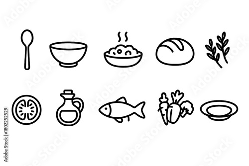 Cooking, food outline icon set. Kitchen essentials, ingredients, cooking tools outline collection