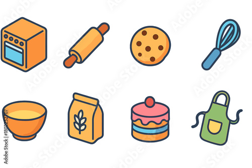 Baking tools and desserts outline icon set. Kitchen and cooking utensils outline collection