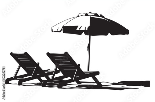 A simple black and white illustration of beach chairs and a parasol