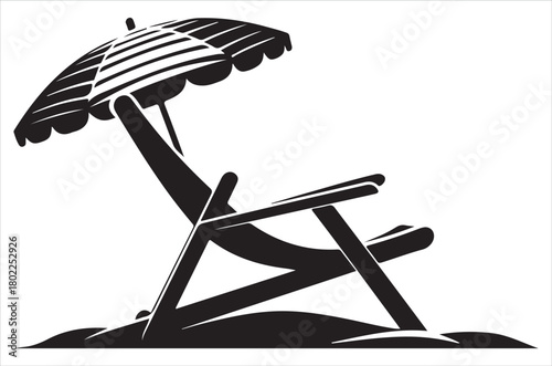 Black and white illustration of a beach chair with an umbrella above