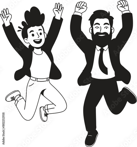 Two cheerful people jumping high with arms raised in victory Vector