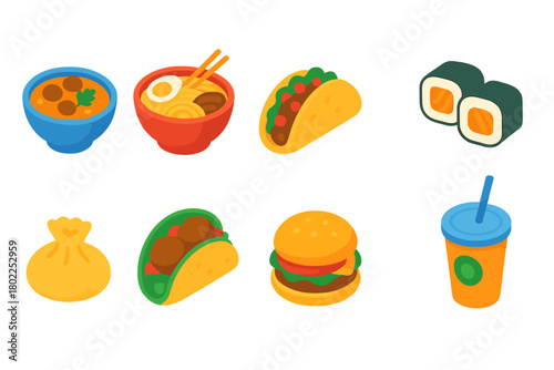 Food and drink icon set. Colorful, glowing, isometric icons for menus, apps, websites