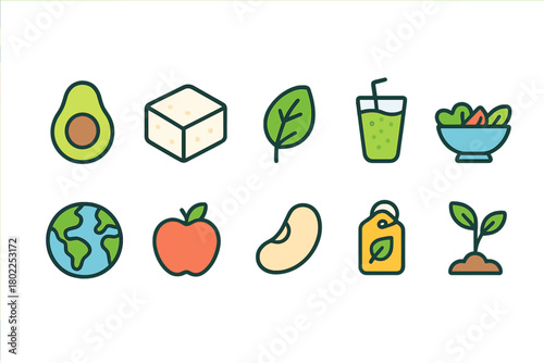 Vegan, vegetarian flat icon set. Healthy food and eco-friendly lifestyle icons collection.