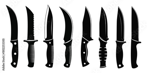 Black Silhouette Knives Set, Sharp Blades, Handles Variety, Edges, Pointed, Transparent
