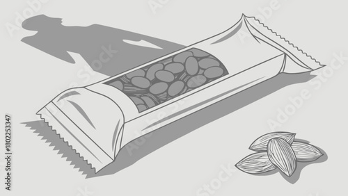 Illustration of a snack bar with almonds visible through the packaging and loose almonds nearby