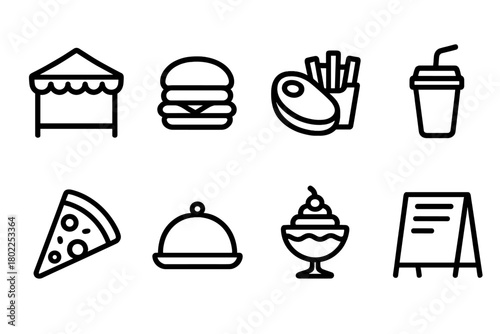 Food and drink outline icon set. Fast food, snacks, beverages outline collection