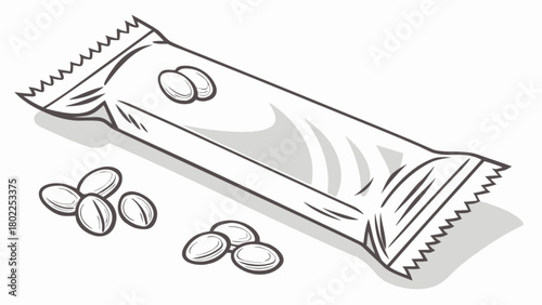 Illustration of a candy bar in a wrapper with coffee beans scattered around it on a white background