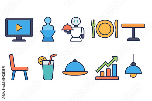 Restaurant and dining flat icon set. Food, service, and hospitality icons collection.