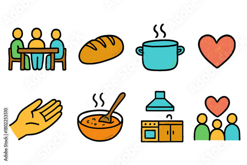 Food and family solid icon set. Cooking, dining, kitchen icons collection