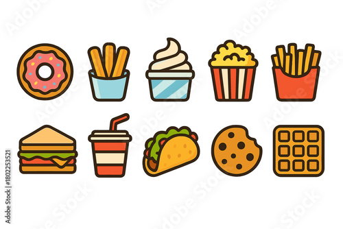 Snack and fast food icon set. Tasty treats and snacks collection in flat style