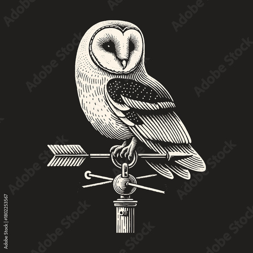 Elegant Barn Owl Perched on Weather Vane Against Black Background.
