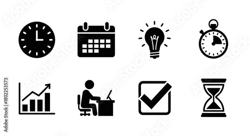 Set of essential business icons for time management and productivity tools