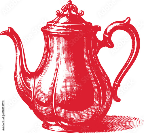 Red Vintage Teapot Illustration on White Background Keywords: teapot, tea, kettle, red, illustration, drawing, sketch, vintage