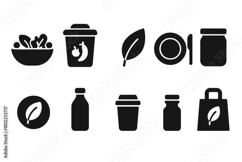 Eco-friendly lifestyle silhouette icon set. Sustainable living symbols collection