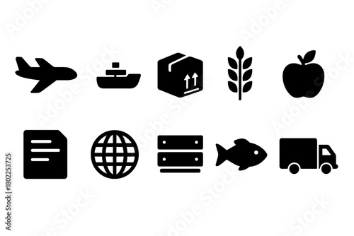Logistics and agriculture solid icon set. Transportation, food, shipping symbols.