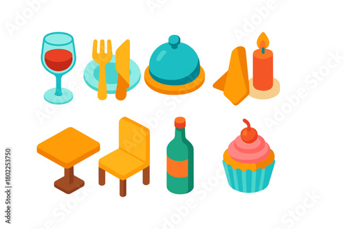 Restaurant and cafe 3d icon set: dining, food, beverage icons collection