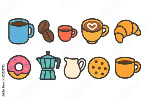 Beverage, bakery flat icon set. Coffee, tea, bakery items in flat style icons collection.
