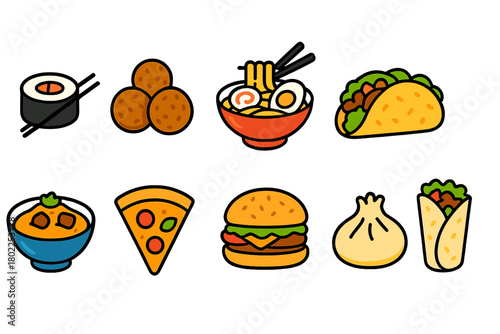 Delicious food icon set: cuisine, meal, outline food icons collection