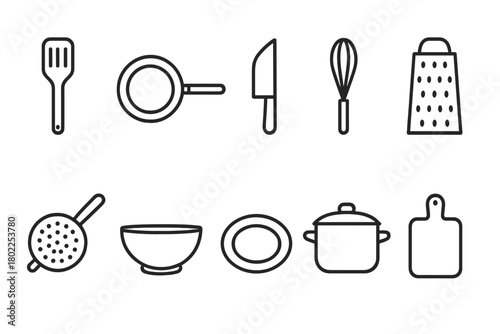 Kitchen utensils outline icon set for cooking, baking, and meal prep