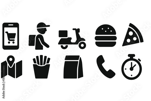 Food delivery silhouette icon set: online order, fast food, scooter delivery icons