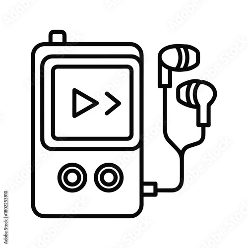Portable digital music player with in-ear headphones icon, representing audio entertainment and personal media listening device.