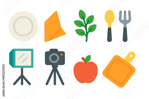 Culinary, photography filled icon set. Kitchen, camera essentials in bright colors