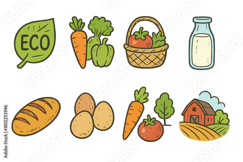 Agriculture and farming icon set. Organic, eco-friendly linear icons for harvest and produce.
