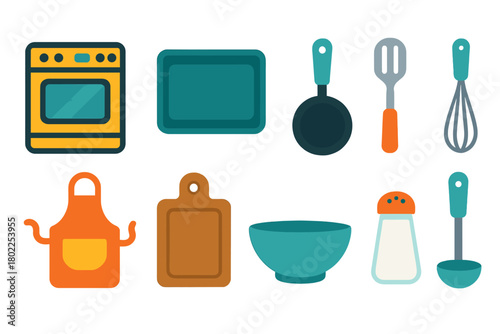 Cooking, kitchen flat icon set. Utensils, appliances, food preparation icons collection