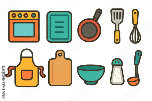 Kitchen tools flat icon set. Cooking utensils, kitchenware collection for chefs