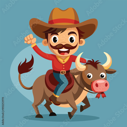 Cartoon cowboy riding a bull with a red shirt and a brown cowboy hat